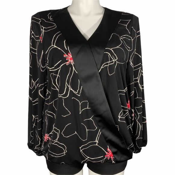 Alfani Womens Blouse Top Faux Wrap Floral Print Long Sleeves Black White Pink L - Picture 6 of 15